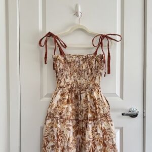 Smocked summer harvest printed tiered tie strap dress